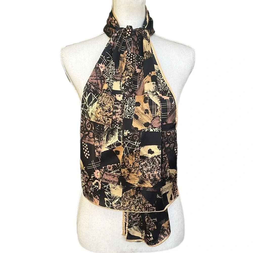 Vintage Echo Signature Black Gold 100% Silk Oblong Scarf Made in Japan